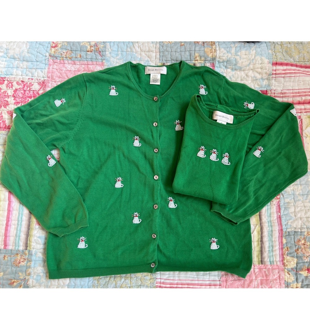 Susan Bristol Y2K Green Cotton Cardigan Set Beaded Kitty Cats Whimsical Kitchy